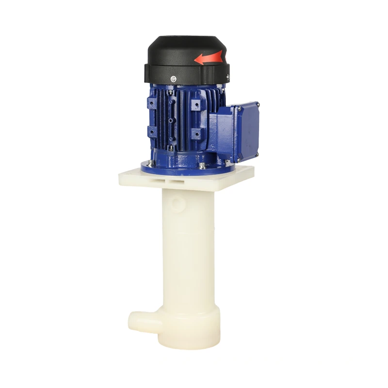 Hennvi industrial HKP series vertical chemical pump equipped with a blue electric motor and durable plastic column designed for safe and efficient acid or alkaline fluid handling.