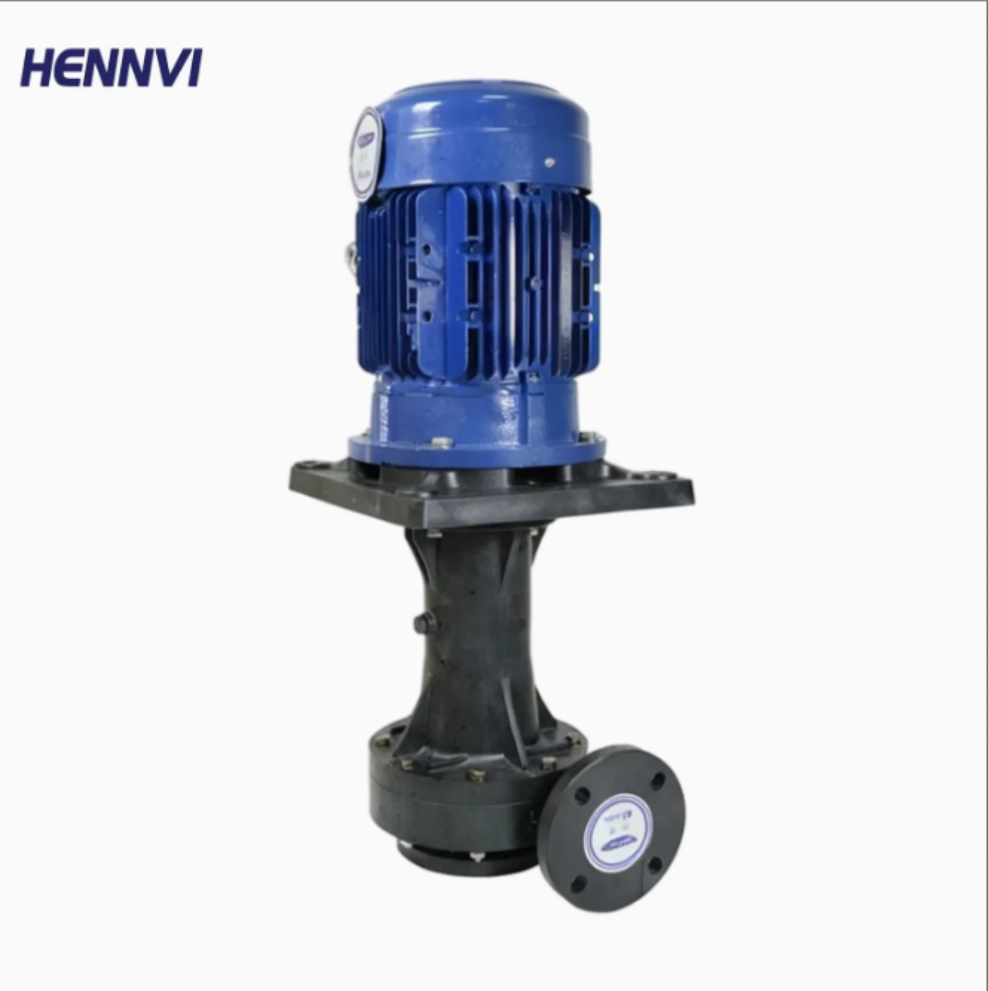 Hennvi industrial HTD series vertical pump featuring a durable blue motor and flange outlet designed for safe chemical and acid liquid transfer.