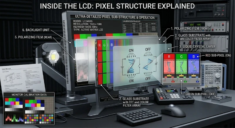 Exploded diagram explaining LCD monitor internal layers and RGB pixel sub-structure.