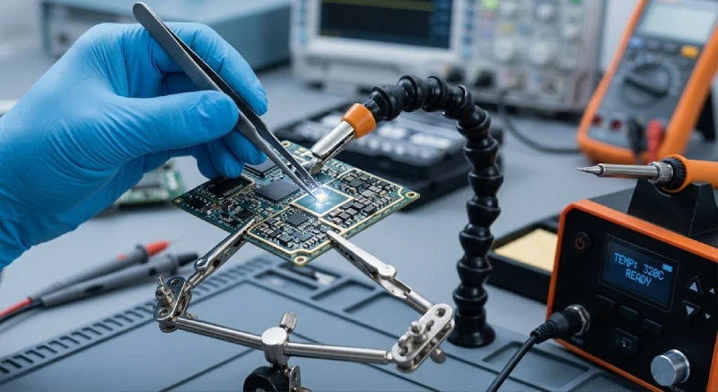 A close-up of a technician's hand in a blue glove using tweezers to position a tiny SMD component onto a green PCB. The board is held by a helping hand clamp, with a soldering iron and an orange digital soldering station showing 320C in the background.