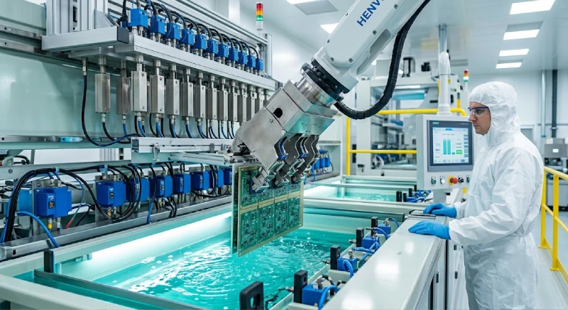 Automated robotic arm dipping green circuit board panels into a chemical processing tank monitored by a worker in cleanroom suits