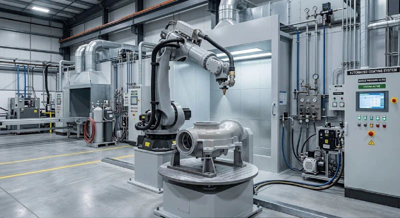 Automated robotic arm coating system applying surface spray treatment to a large industrial pump casing