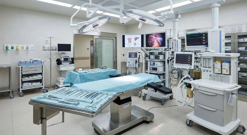Modern clean operating theater equipped with surgical lights, operating table with sterile instruments, and laparoscopic monitoring screens